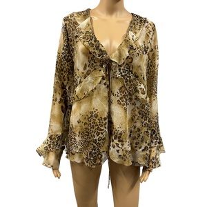 Simonton Says by George Simonton Animal Print Ruffled Kimono QVC Blouse Medium